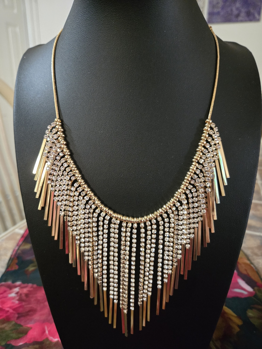 Gold Fringe Crystal Statement Necklace - Women Jewelry